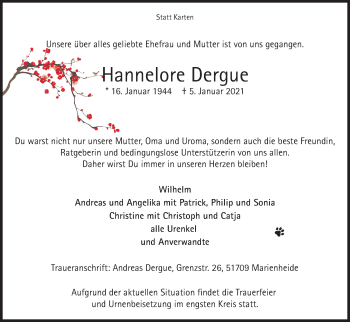Anzeige von Hannelore Dergue von Kölner Stadt-Anzeiger / Kölnische Rundschau / Express