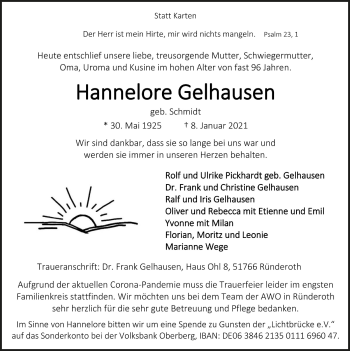 Anzeige von Hannelore Gelhausen von  Anzeigen Echo 