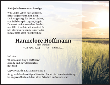 Anzeige von Hannelore Hoffmann von Kölner Stadt-Anzeiger / Kölnische Rundschau / Express