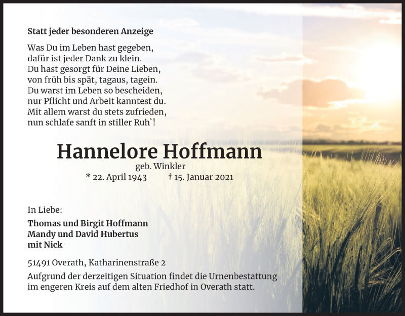  Traueranzeige für Hannelore Hoffmann vom 23.01.2021 aus Kölner Stadt-Anzeiger / Kölnische Rundschau / Express