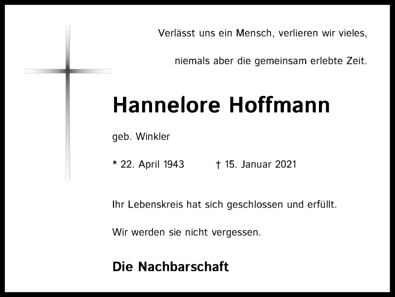  Traueranzeige für Hannelore Hoffmann vom 23.01.2021 aus Kölner Stadt-Anzeiger / Kölnische Rundschau / Express