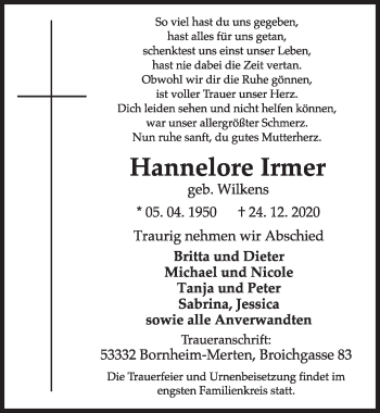 Anzeige von Hannelore Irmer von  Schlossbote/Werbekurier 