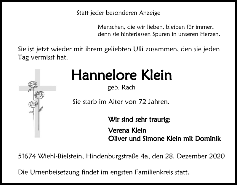  Traueranzeige für Hannelore Klein vom 02.01.2021 aus Kölner Stadt-Anzeiger / Kölnische Rundschau / Express