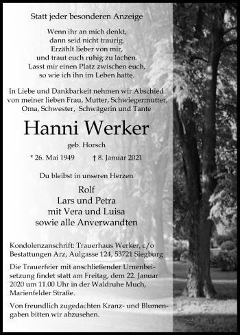 Anzeige von Hanni Werker von Kölner Stadt-Anzeiger / Kölnische Rundschau / Express