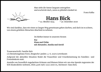 Anzeige von Hans Bick von Kölner Stadt-Anzeiger / Kölnische Rundschau / Express