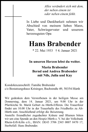 Anzeige von Hans Brabender von Kölner Stadt-Anzeiger / Kölnische Rundschau / Express