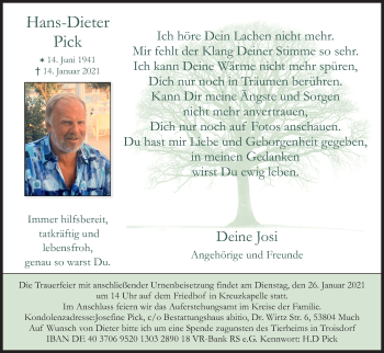 Anzeige von Hans-Dieter Pick von Kölner Stadt-Anzeiger / Kölnische Rundschau / Express
