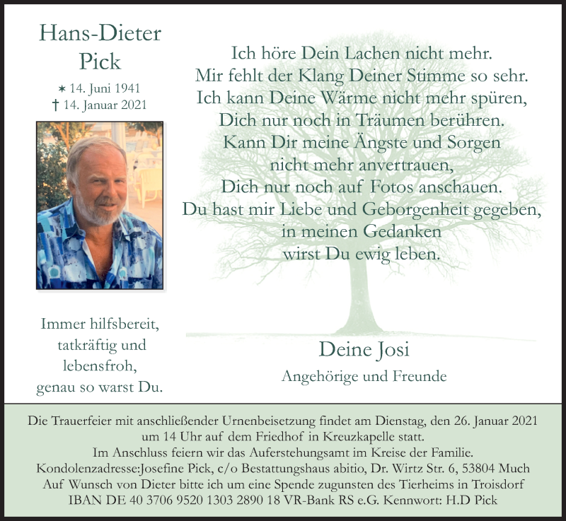  Traueranzeige für Hans-Dieter Pick vom 23.01.2021 aus Kölner Stadt-Anzeiger / Kölnische Rundschau / Express