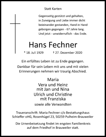 Anzeige von Hans Fechner von Kölner Stadt-Anzeiger / Kölnische Rundschau / Express