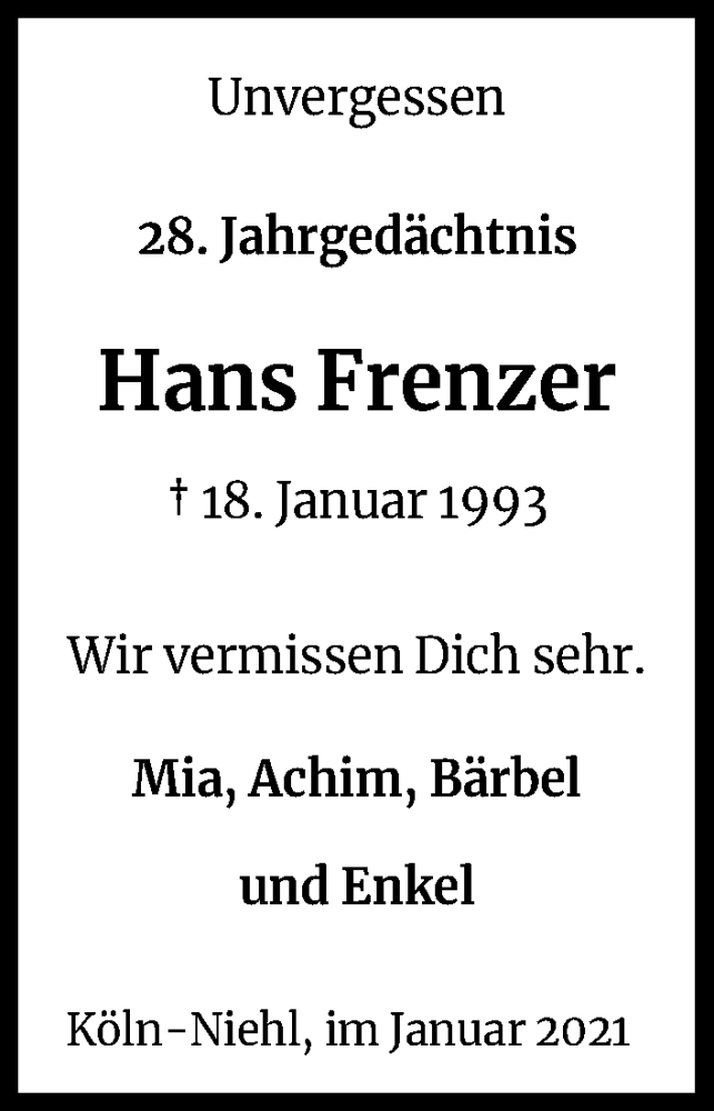  Traueranzeige für Hans Frenzer vom 18.07.2023 aus Kölner Stadt-Anzeiger / Kölnische Rundschau / Express