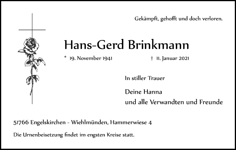  Traueranzeige für Hans-Gerd Brinkmann vom 23.01.2021 aus Kölner Stadt-Anzeiger / Kölnische Rundschau / Express