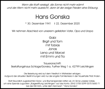Anzeige von Hans Gonska von Kölner Stadt-Anzeiger / Kölnische Rundschau / Express