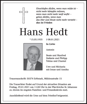 Anzeige von Hans Hedt von  Werbepost 