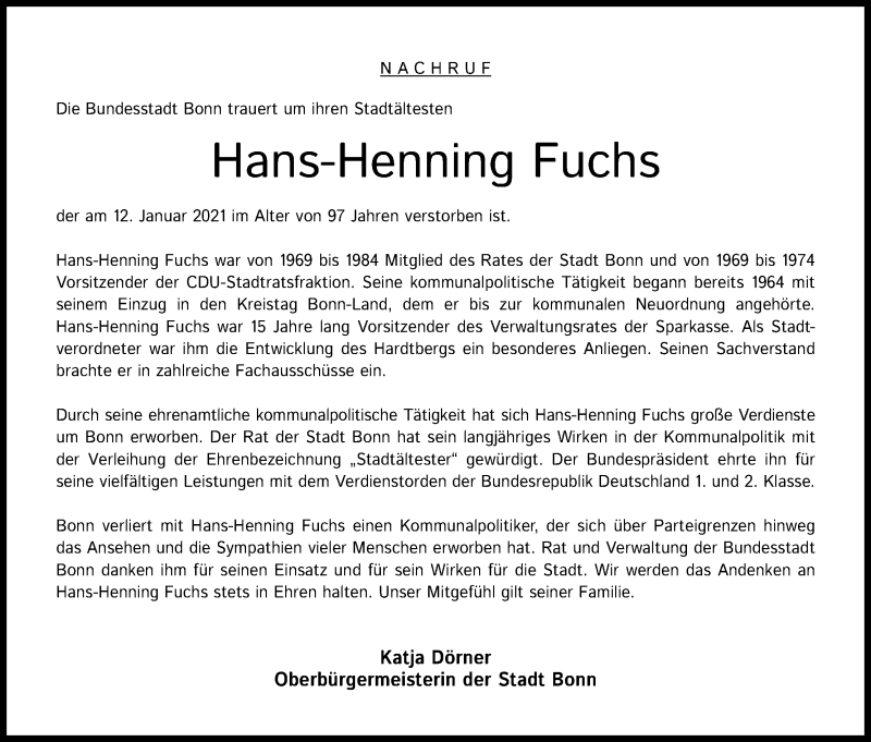  Traueranzeige für Hans-Henning Fuchs vom 30.01.2021 aus Kölner Stadt-Anzeiger / Kölnische Rundschau / Express