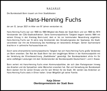 Anzeige von Hans-Henning Fuchs von Kölner Stadt-Anzeiger / Kölnische Rundschau / Express