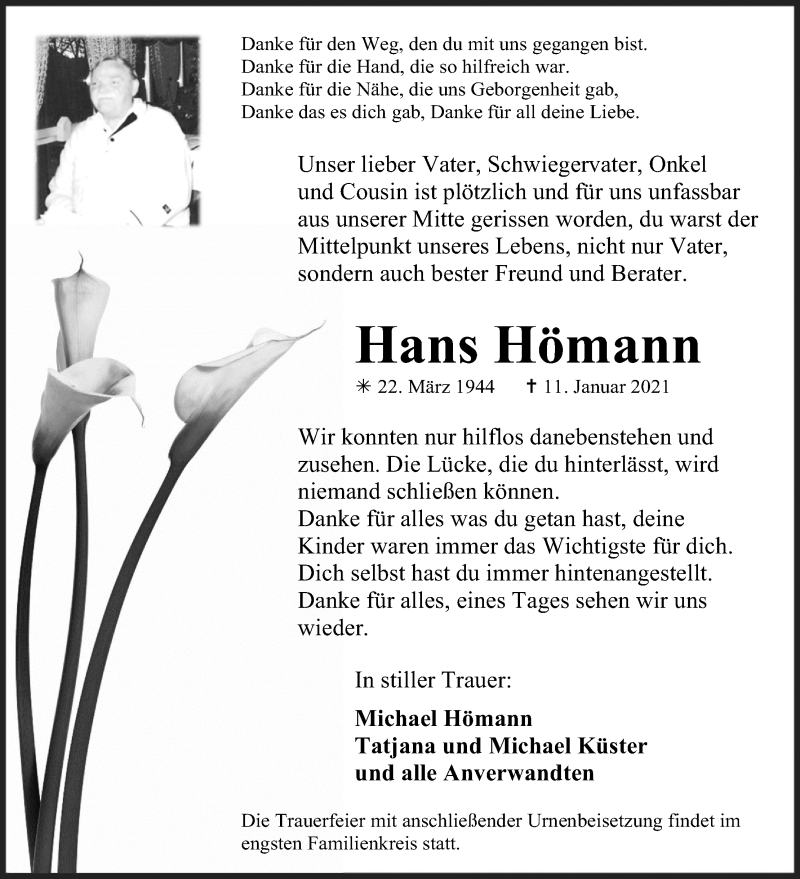  Traueranzeige für Hans Hömann vom 16.01.2021 aus Kölner Stadt-Anzeiger / Kölnische Rundschau / Express