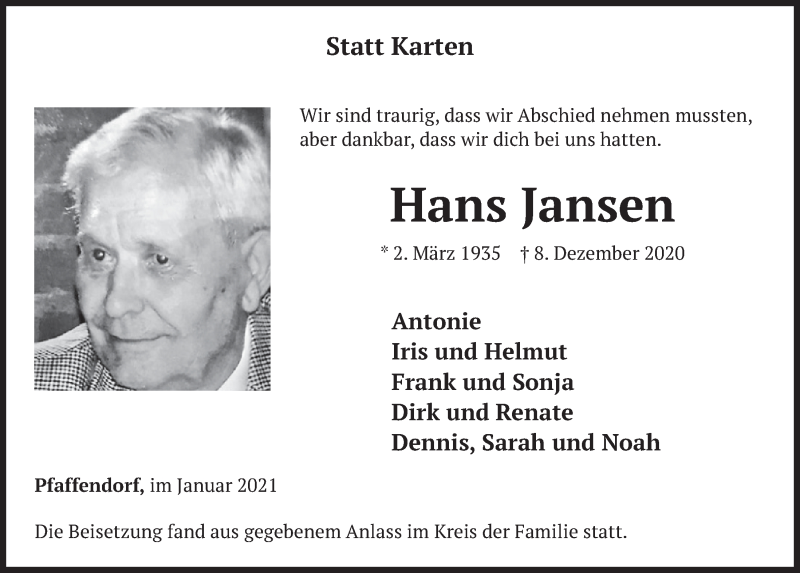  Traueranzeige für Hans Jansen vom 08.01.2021 aus  Werbepost 