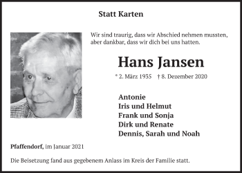 Anzeige von Hans Jansen von  Werbepost 