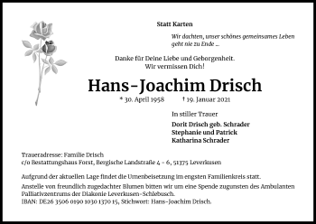 Anzeige von Hans-Joachim Drisch von Kölner Stadt-Anzeiger / Kölnische Rundschau / Express