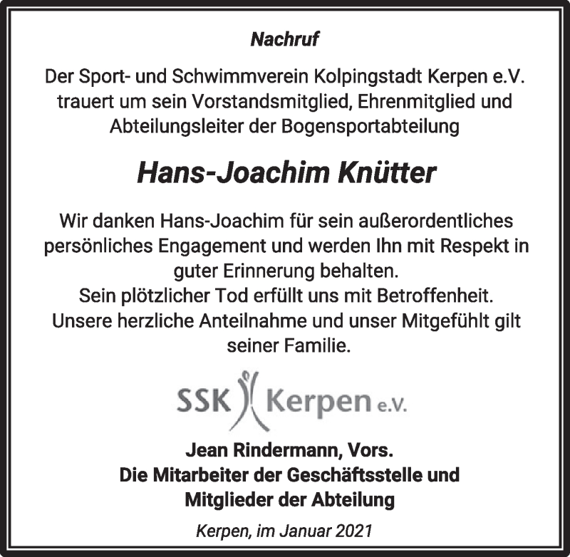  Traueranzeige für Hans-Joachim Knütter vom 22.01.2021 aus  Werbepost 