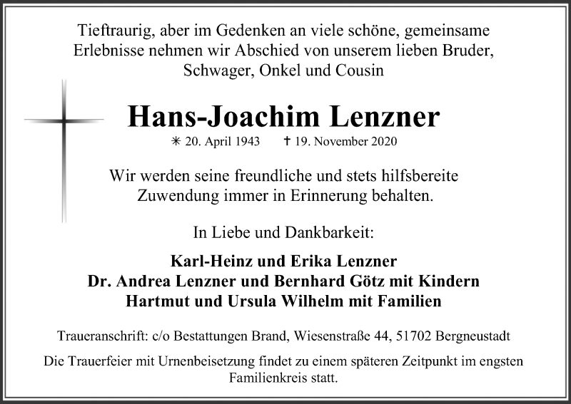  Traueranzeige für Hans-Joachim Lenzner vom 09.01.2021 aus Kölner Stadt-Anzeiger / Kölnische Rundschau / Express