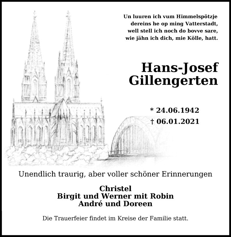  Traueranzeige für Hans-Josef Gillengerten vom 14.01.2021 aus Kölner Stadt-Anzeiger / Kölnische Rundschau / Express