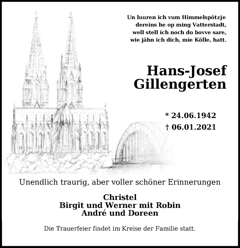  Traueranzeige für Hans-Josef Gillengerten vom 15.01.2021 aus  Kölner Wochenspiegel 