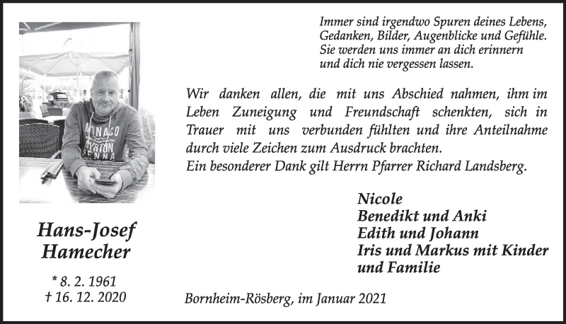  Traueranzeige für Hans-Josef Hamecher vom 22.01.2021 aus  Schaufenster/Blickpunkt  Schlossbote/Werbekurier 