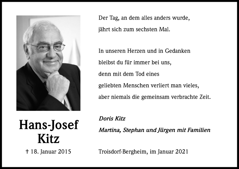  Traueranzeige für Hans-Josef Kitz vom 18.07.2023 aus Kölner Stadt-Anzeiger / Kölnische Rundschau / Express