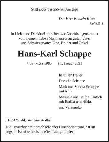 Anzeige von Hans-Karl Schappe von  Anzeigen Echo 