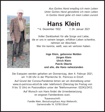 Anzeige von Hans Klein von Kölner Stadt-Anzeiger / Kölnische Rundschau / Express