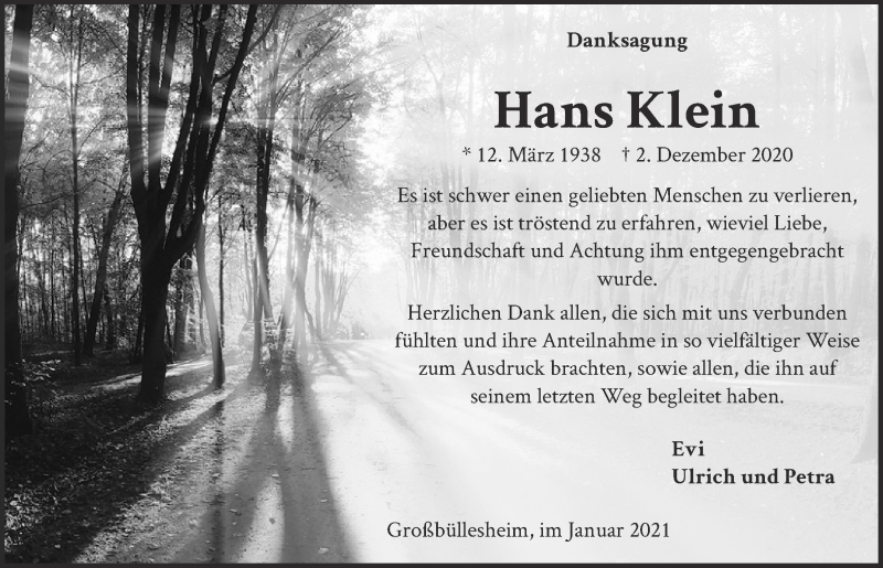  Traueranzeige für Hans Klein vom 23.01.2021 aus  Blickpunkt Euskirchen 