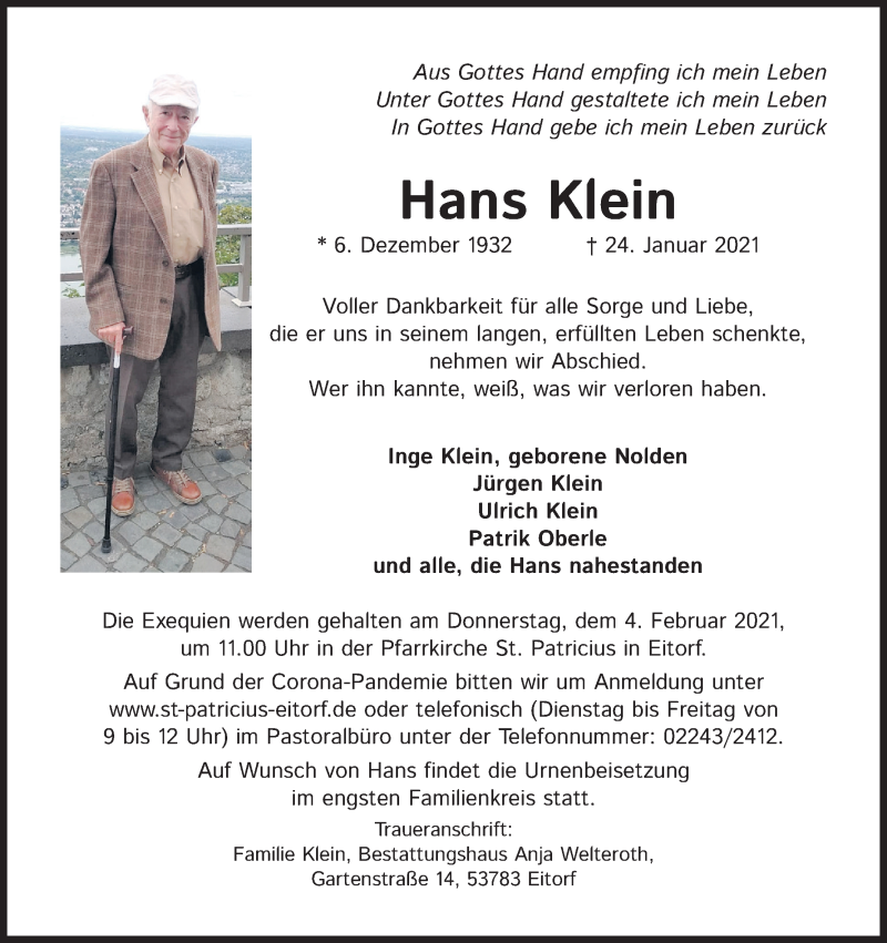  Traueranzeige für Hans Klein vom 30.01.2021 aus Kölner Stadt-Anzeiger / Kölnische Rundschau / Express