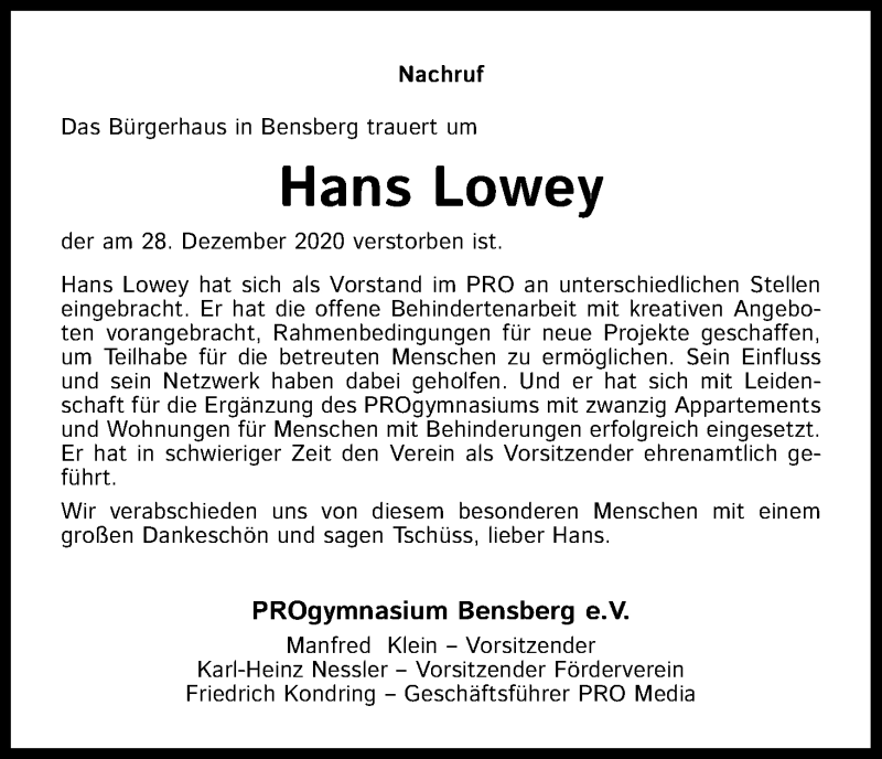  Traueranzeige für Hans Lowey vom 09.01.2021 aus Kölner Stadt-Anzeiger / Kölnische Rundschau / Express