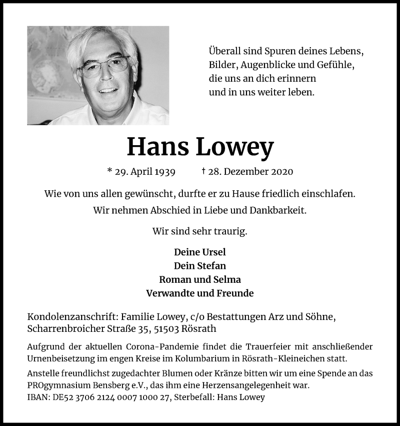  Traueranzeige für Hans Lowey vom 09.01.2021 aus Kölner Stadt-Anzeiger / Kölnische Rundschau / Express