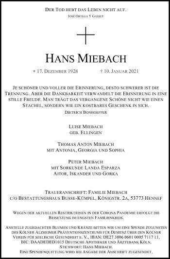 Anzeige von Hans Miebach von Kölner Stadt-Anzeiger / Kölnische Rundschau / Express