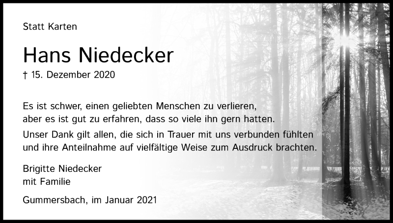 Traueranzeige für Hans Niedecker vom 30.01.2021 aus Kölner Stadt-Anzeiger / Kölnische Rundschau / Express