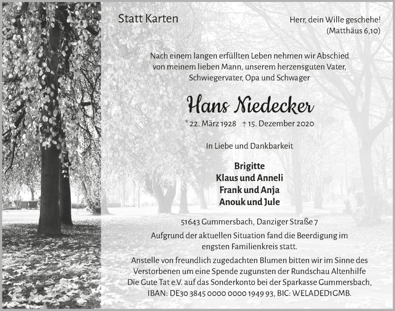  Traueranzeige für Hans Niedecker vom 02.01.2021 aus  Anzeigen Echo 
