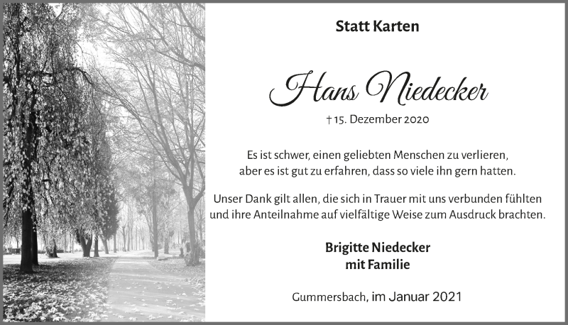  Traueranzeige für Hans Niedecker vom 29.01.2021 aus  Anzeigen Echo 