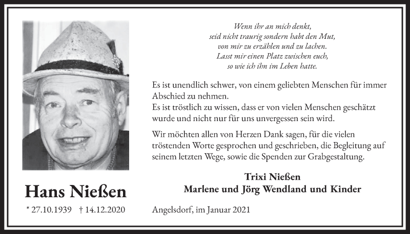  Traueranzeige für Hans Nießen vom 29.01.2021 aus  Werbepost 