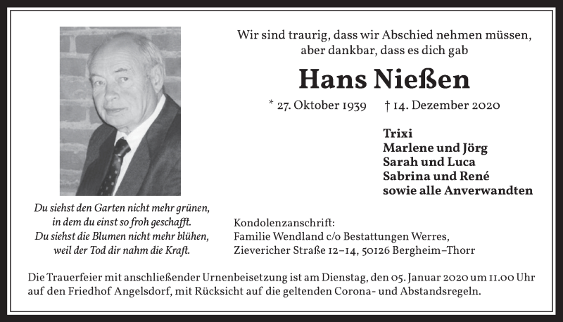  Traueranzeige für Hans Nießen vom 02.01.2021 aus  Werbepost 