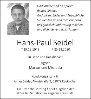 Anzeige von Hans-Paul Seidel von  Blickpunkt Euskirchen 