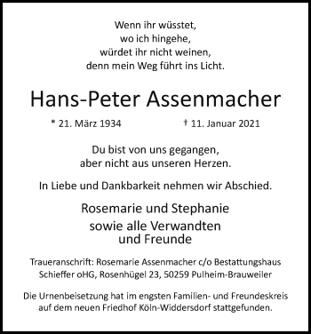 Anzeige von Hans-Peter Assenmacher von Kölner Stadt-Anzeiger / Kölnische Rundschau / Express