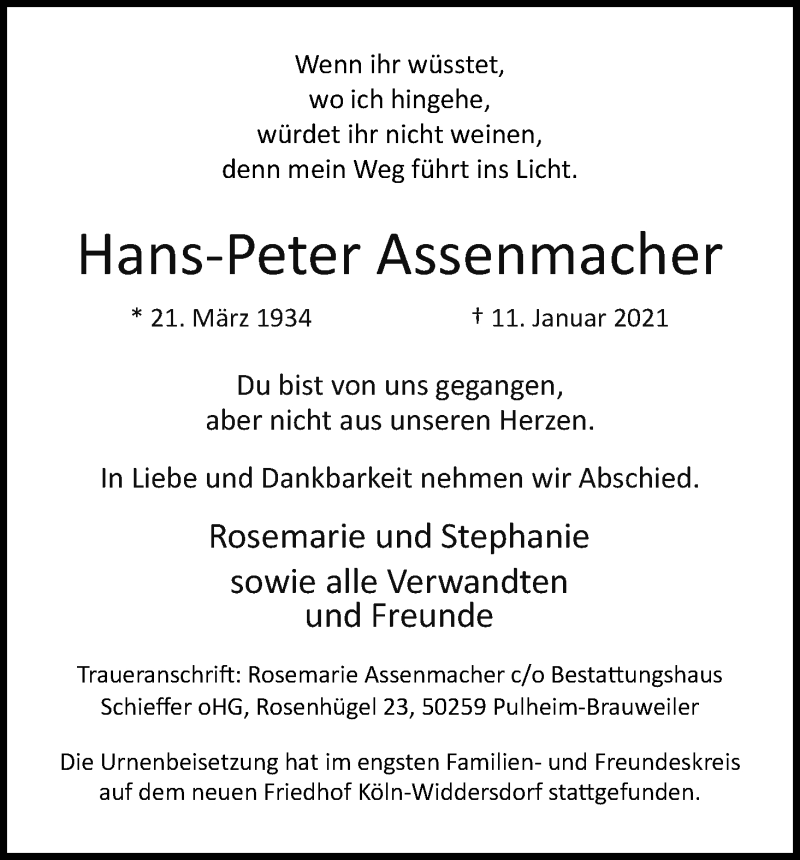  Traueranzeige für Hans-Peter Assenmacher vom 30.01.2021 aus Kölner Stadt-Anzeiger / Kölnische Rundschau / Express