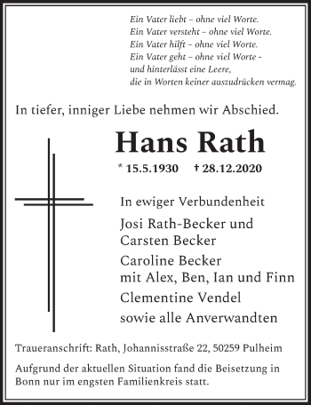 Anzeige von Hans Rath von  Wochenende 