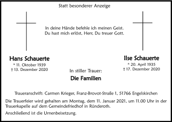 Anzeige von Hans Schauerte von Kölner Stadt-Anzeiger / Kölnische Rundschau / Express