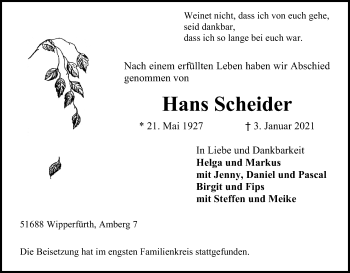 Anzeige von Hans Scheider von Kölner Stadt-Anzeiger / Kölnische Rundschau / Express