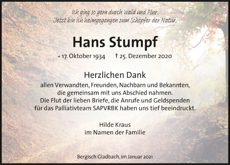  Traueranzeige für Hans Stumpf vom 29.01.2021 aus  Bergisches Handelsblatt 