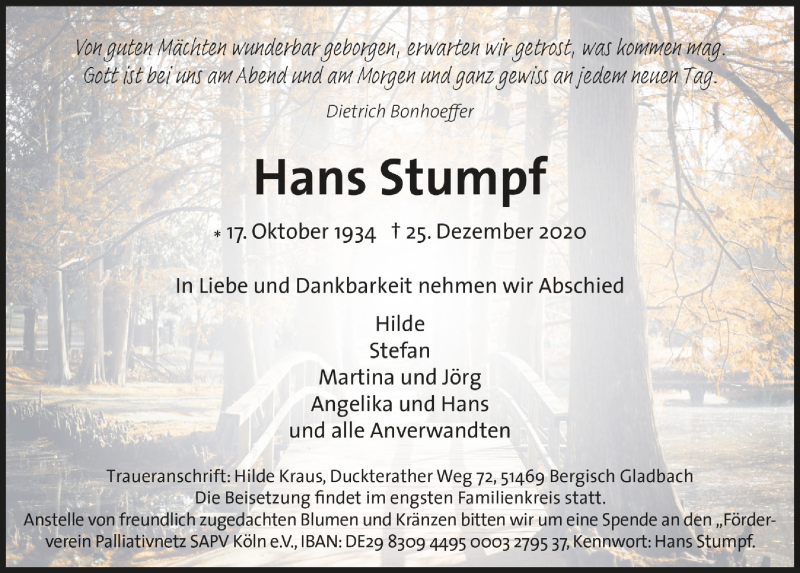 Traueranzeige für Hans Stumpf vom 02.01.2021 aus  Bergisches Handelsblatt 