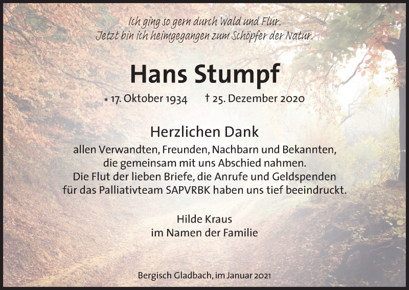  Traueranzeige für Hans Stumpf vom 30.01.2021 aus Kölner Stadt-Anzeiger / Kölnische Rundschau / Express